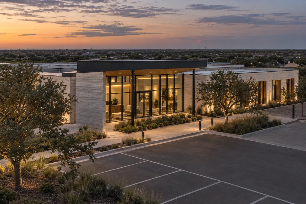 Illustrative single-story outpatient clinic at dusk in a Texas suburb