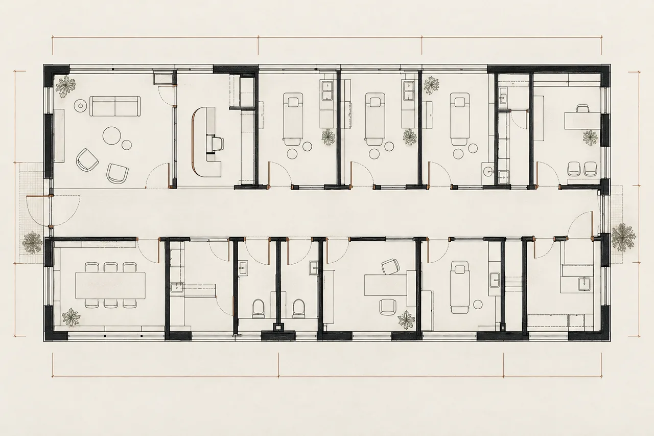 Illustrative clinic floor plan with fine black and copper lines on warm paper