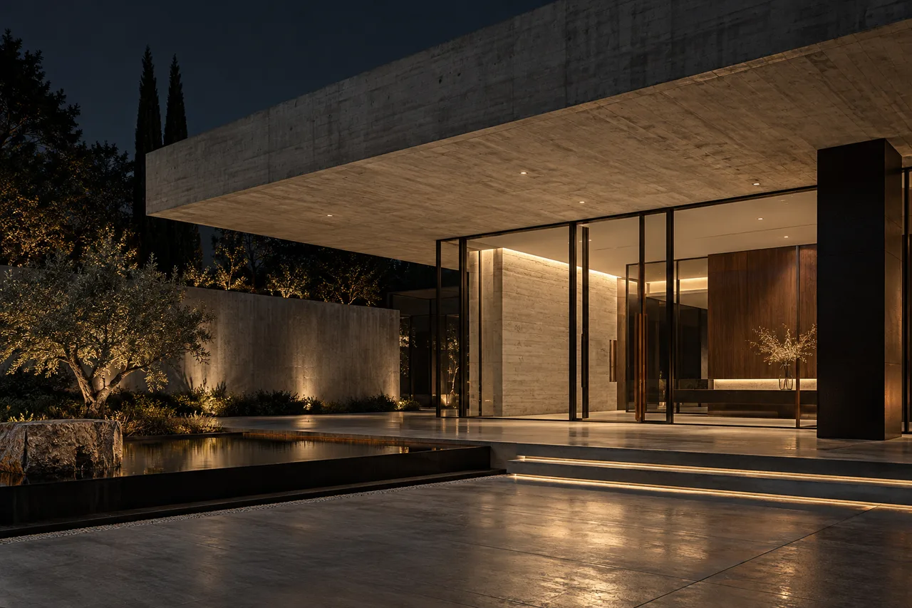 Illustrative concrete entrance canopy above a warmly lit glass lobby