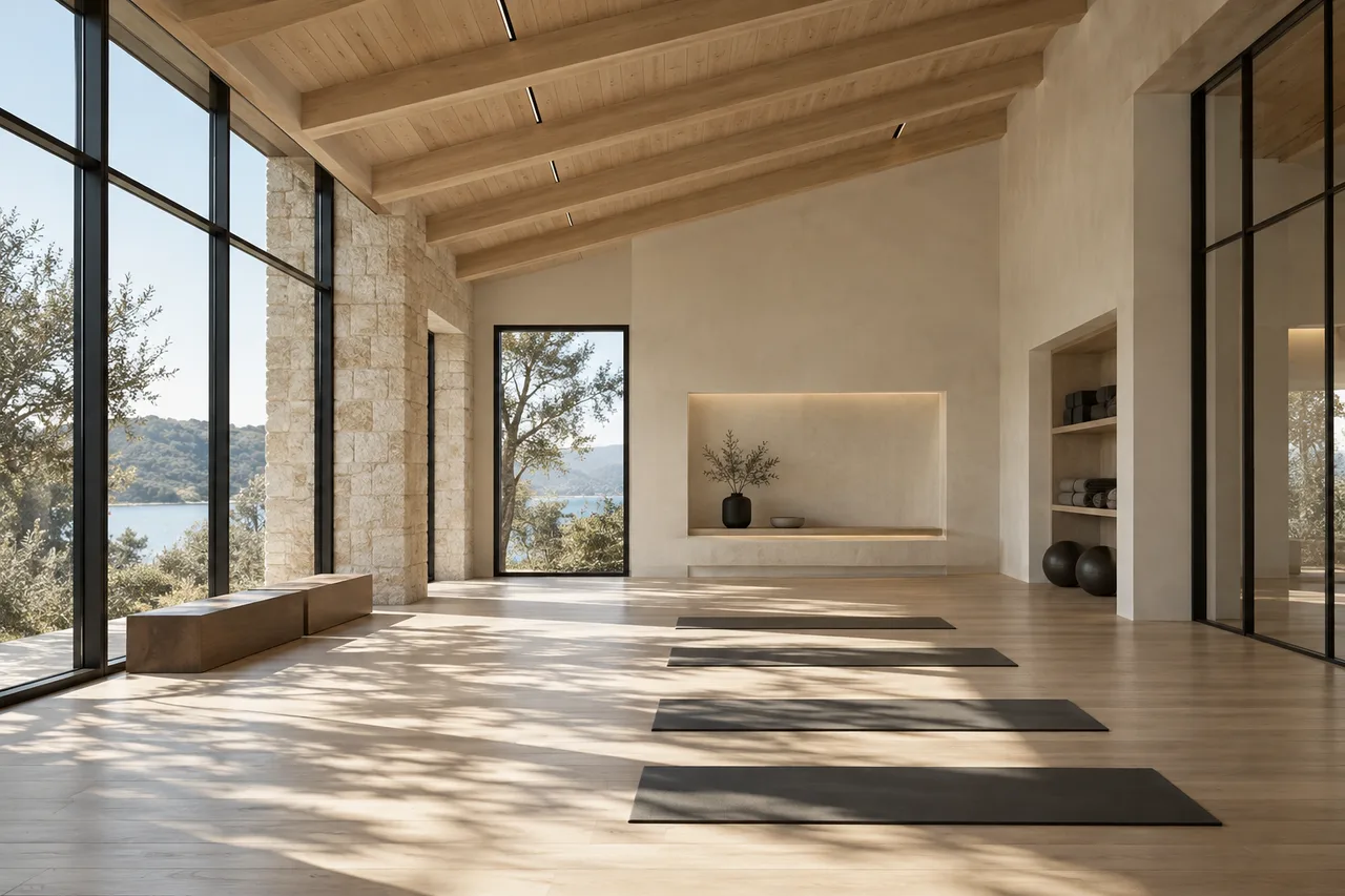 Illustrative empty rehabilitation studio with timber ceiling and large windows